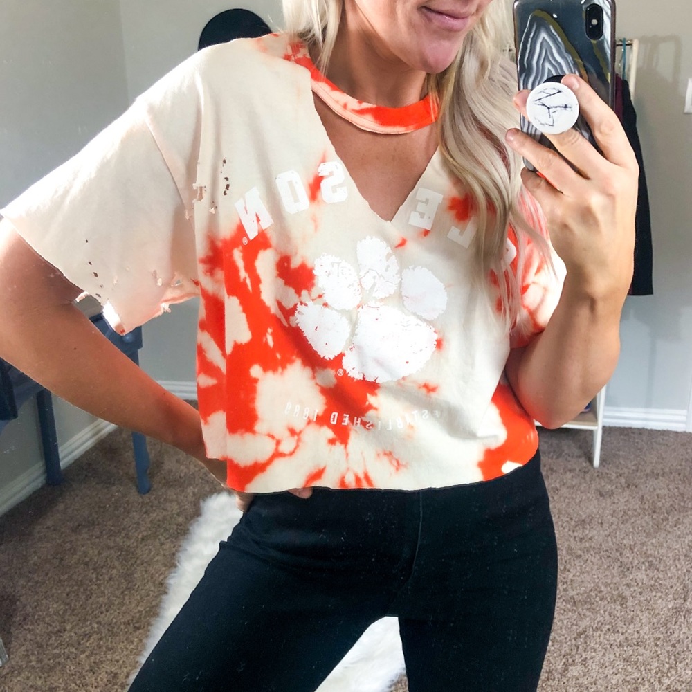 Clemson Game Day Bleached Crop Top Tee Choker Neck